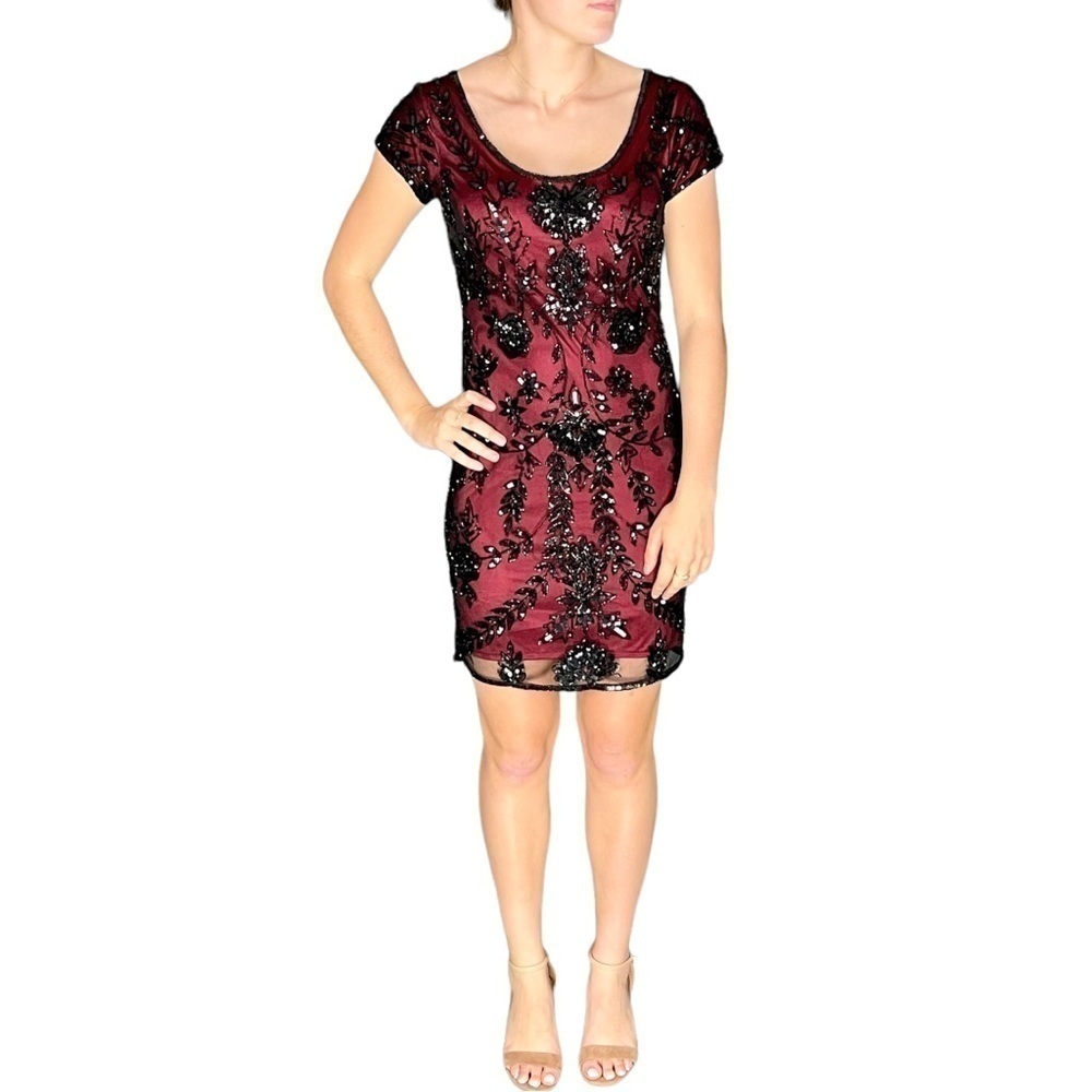 Pisarro Nights Burgundy Mini Dress with Black Sequin Appliqué